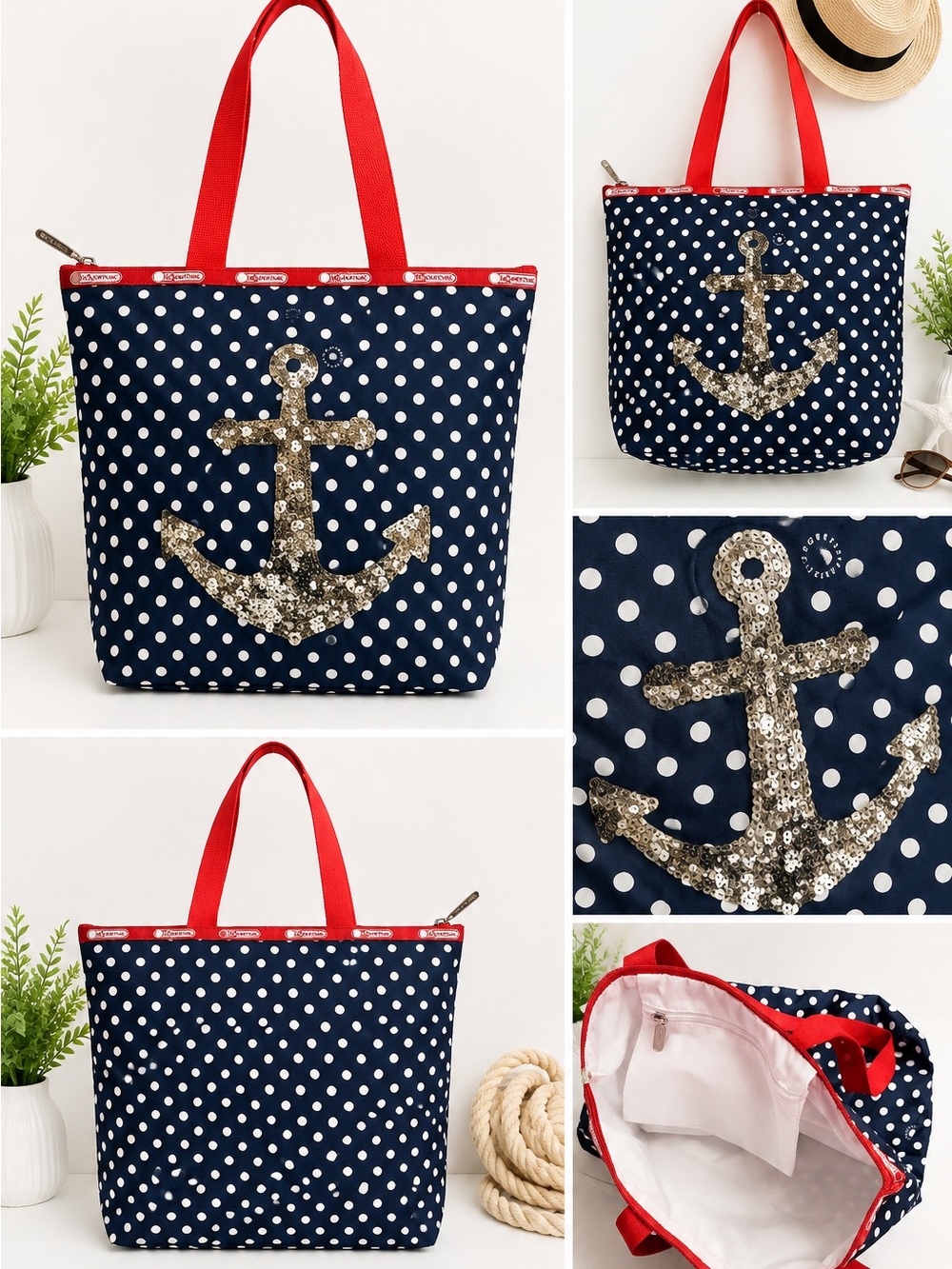 Lesportsac Navy Polka Dot Tote with Gold Sequin Anchor and Red Handles